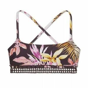 Xhilaration Floral Crochet Trim Bralette Bikini Size Large NEW Brown